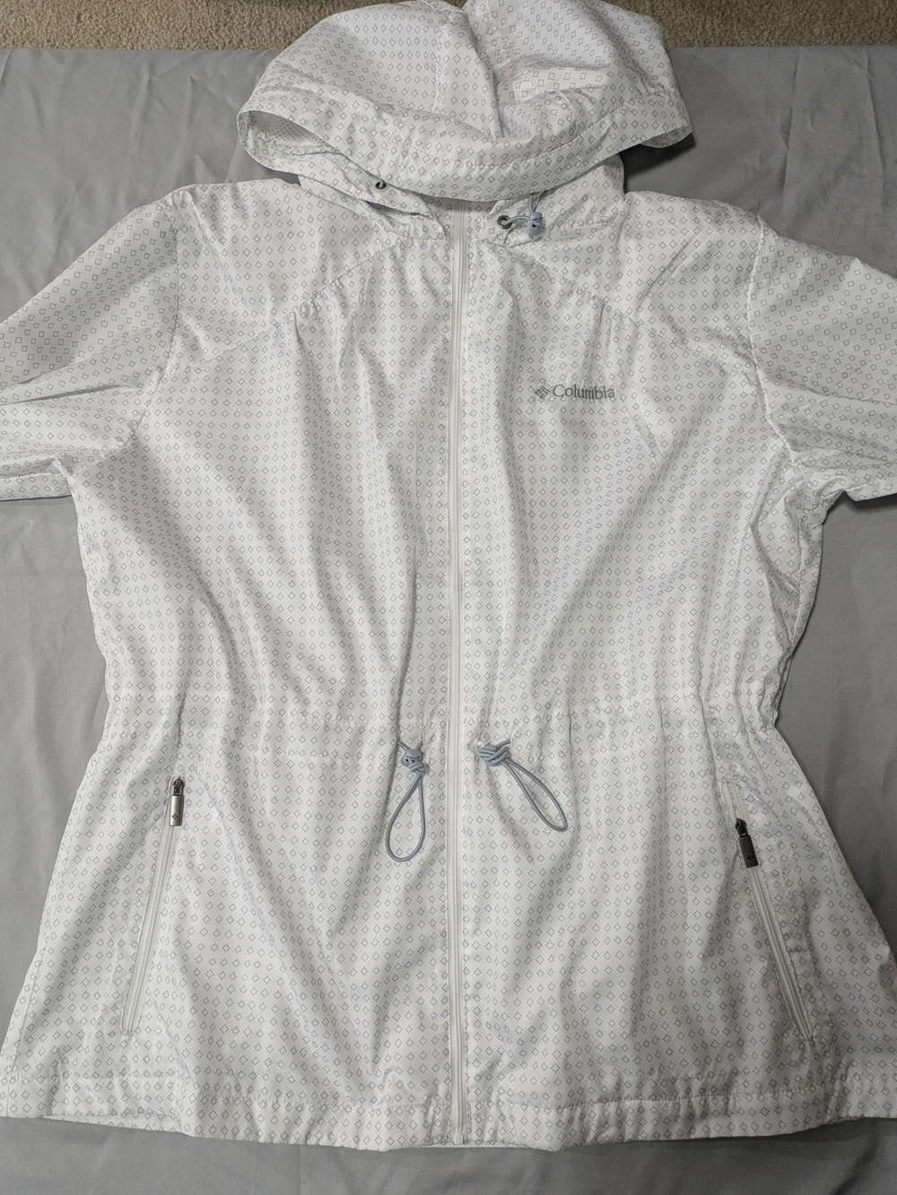 Columbia XL White Geometric Diamond Print Cinch Waist Hooded Rain Jacket